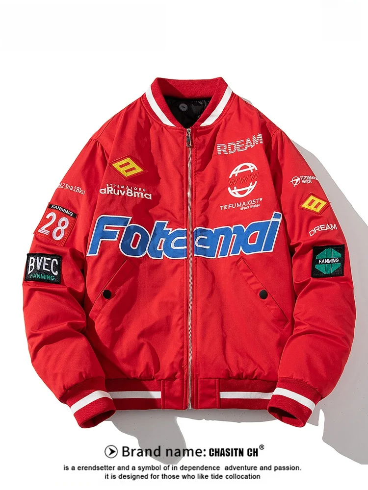 

Красная утепленная хлопковая куртка для мужчин, зимнее мотоциклетное пальто с вышивкой в стиле китайского зодиака, верхняя одежда для пар