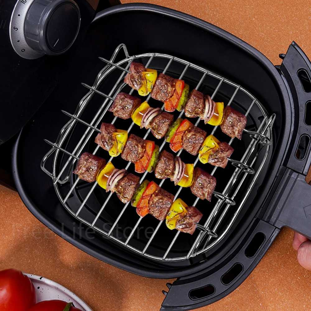 

8inch Baking Tray Skewers Air Fryer Stainless Steel Holder BBQ Rack Double Layer Grill Replacement Barbecue Kitchen Tools