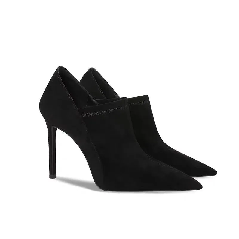 

High Heels Women's Autumn and Winter Suede Deep Mouth Single Shoes Ankle Boots Elegant Temperament Pointed Toe Booties