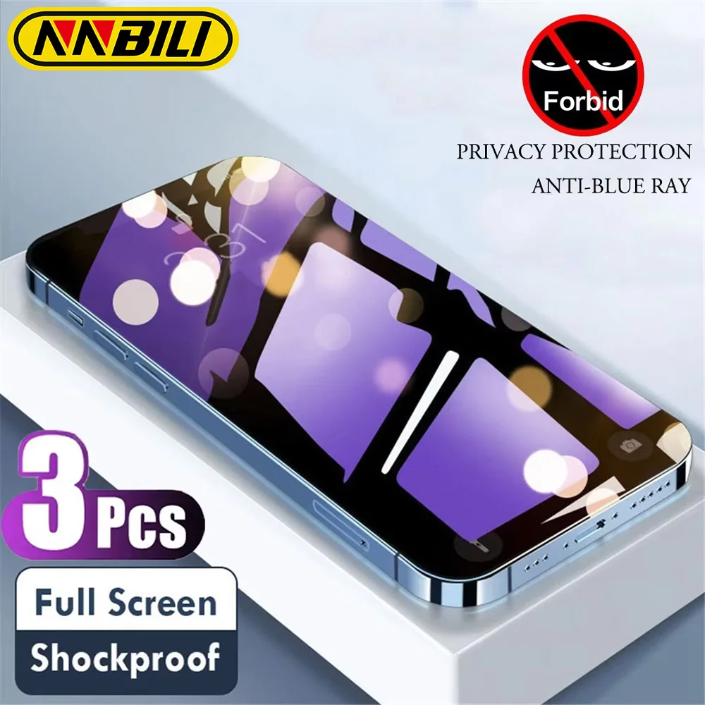 NNBILI 3-1 Pcs Anti Blue Light Privacy Tempered Glass for iPhone 17 16 15 14 13 12 11 Pro Max 16e Eye Protection Screen Protecto