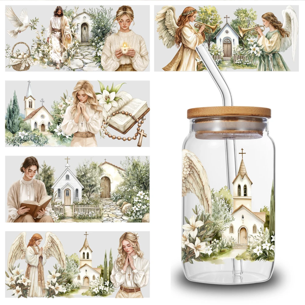 5 Sheets Church Angel Flower Girl Prayer Book Rosary Dove UV DTF Stickers Suitable for 16 oz Glass Cups Decoration Mug