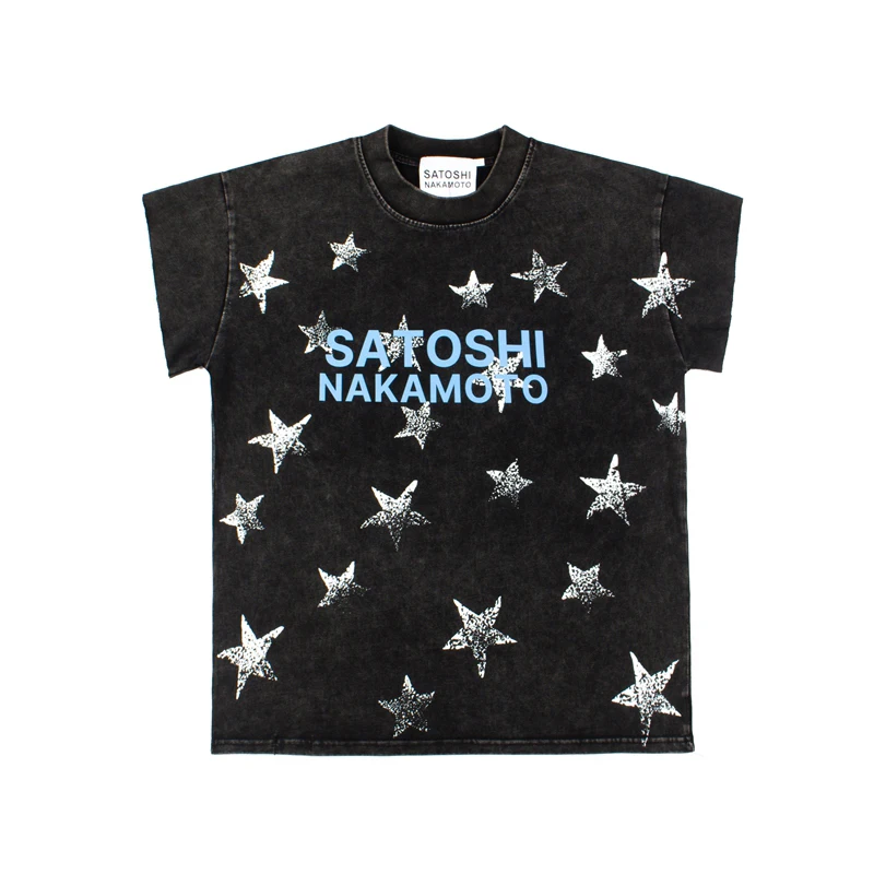 High Street Men's Satoshi Nakamoto T-shirt Rock Hip-hop Style Stars Letter Print Retro Washed Distressed Short-sleeved T Shirt