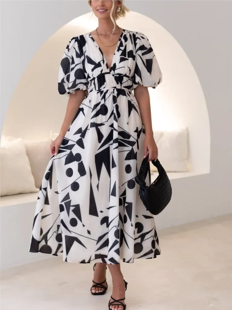 ファッションボヘミアン花柄ロングワンピース レディース 春夏新作 半袖 Vネック エレガント マキシ丈ワンピース