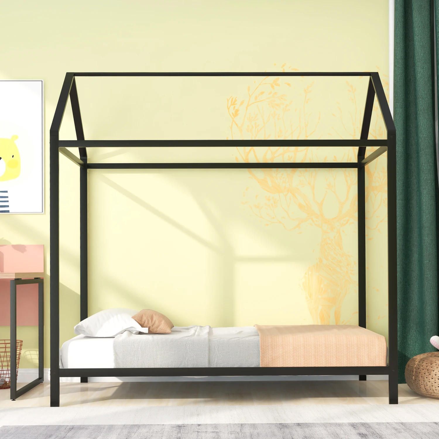 Kids Twin Size Metal Platform House Bed Frame - Black, No Box Spring Needed