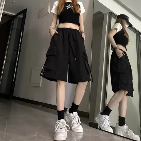 도파민 핫 소녀 작업복 짧은 바지 남성 여성 학생 여름 대형 포켓 스포츠 캐주얼 루즈 5 점 바지