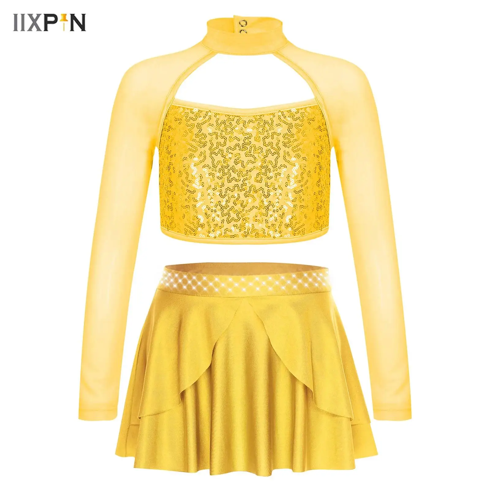 

Girls Latin Jazz Dance Outfit Hip Hop Streetwear Long Sleeve Hollow Shiny Sequins Crop Top+Skirt with Built-in Briefs 2Pcs/Set