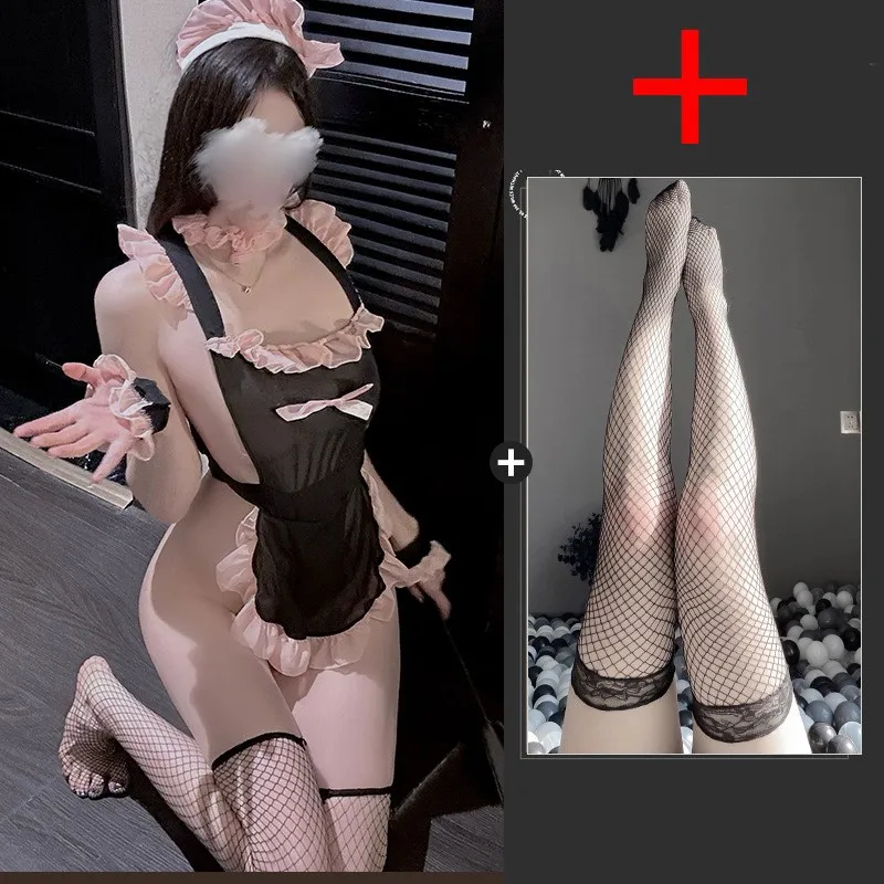 Cosplay costumes Strap lace lace bow thong ultra short mesh socks apron maid outfit jinx arcane sexy adult female lingеrie xxx