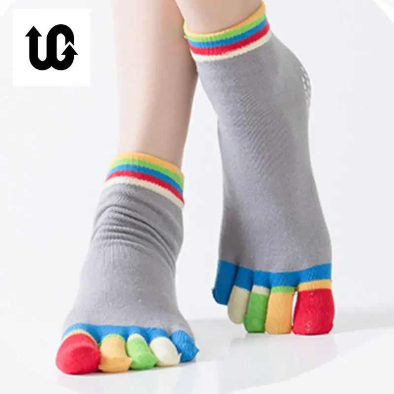 Women Sports Colorful Yoga Socks Hot Fitness Pilates Cotton Socks Rainbow Workout Anti Slip Toe Socks Breathable