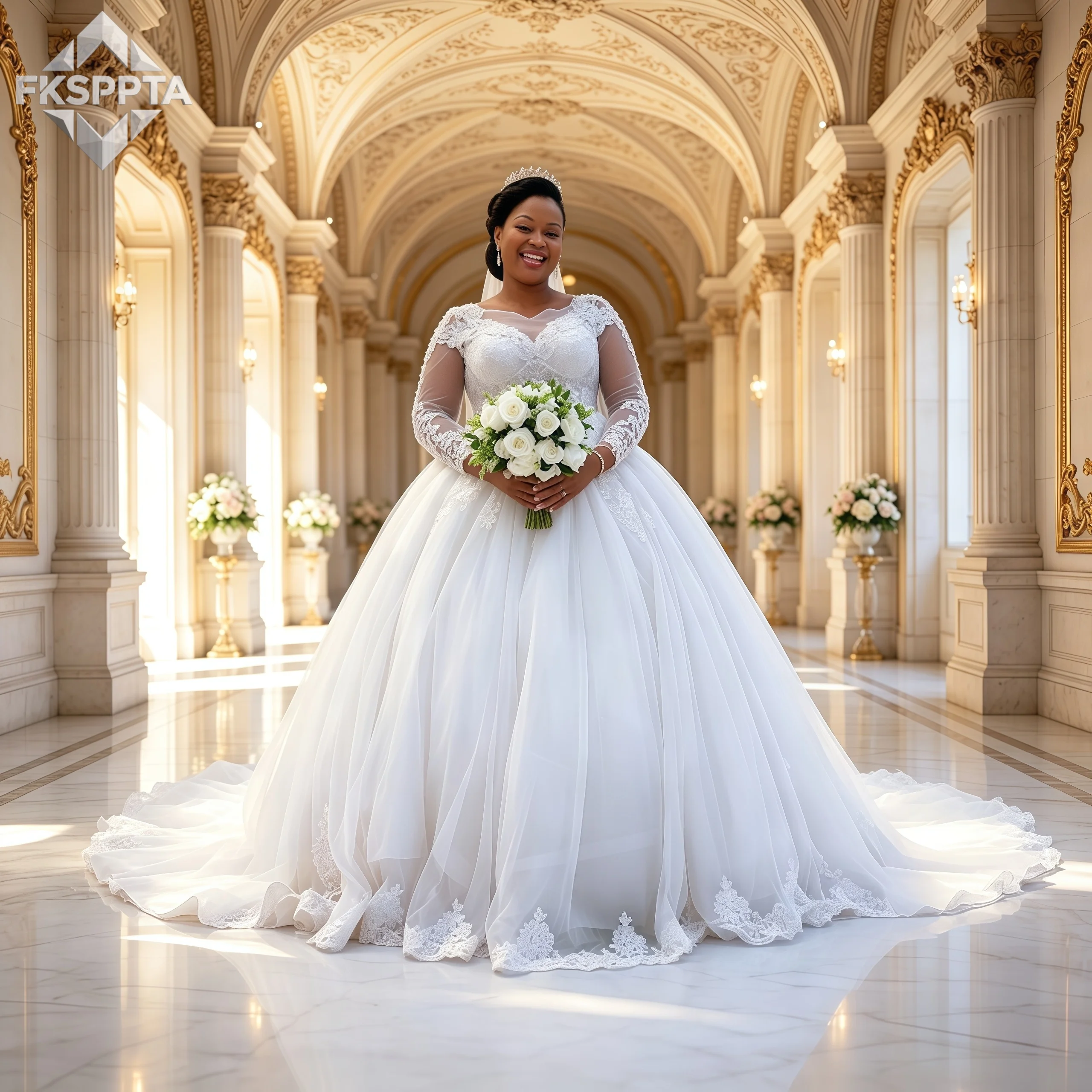 Plus Size Long Sleeve Wedding Dress O Neck Lace Applique Tulle Ball Gown African Bride Wedding Formal Gowns Custom Made