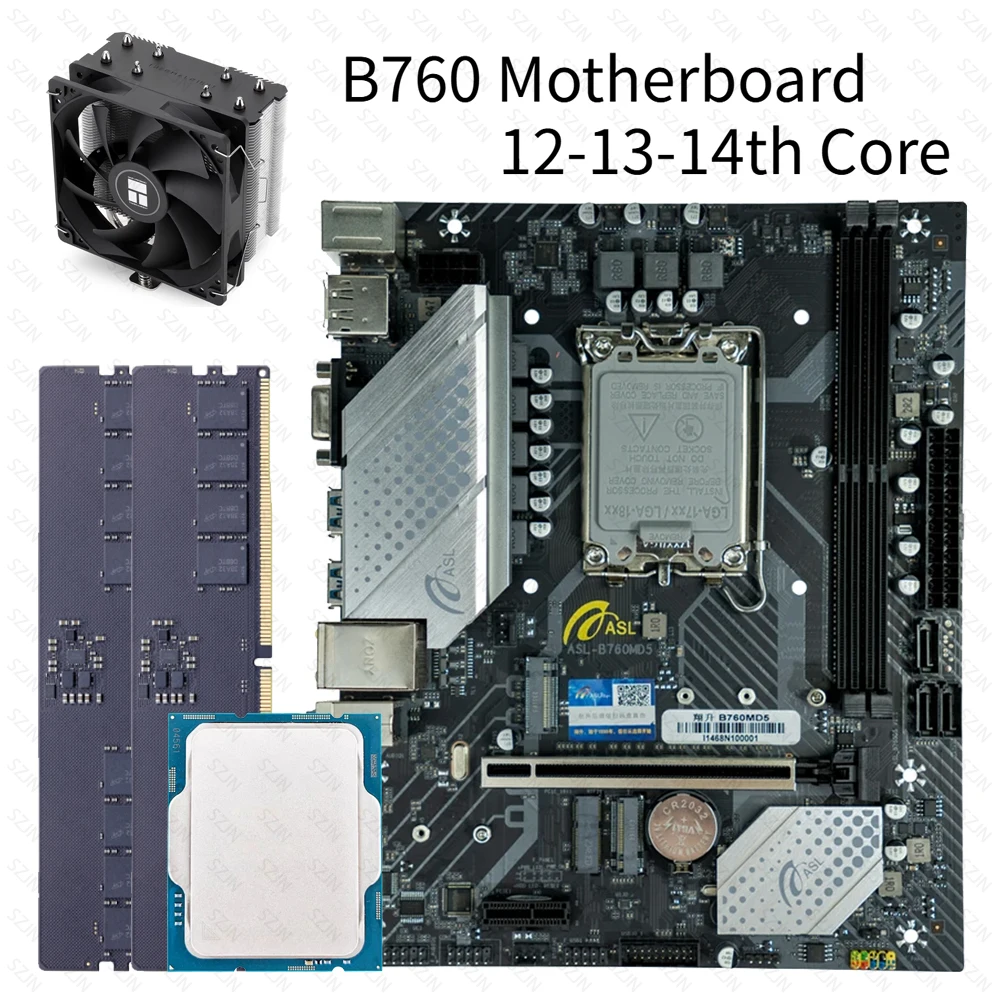 

B760 Motherboard Set with CPU Cooler 12-13-14th Core DDR5 6000MHz Dual Channel Support 2*M.2 NVME 3*SATA3.0 PCIE Protocol WIFI