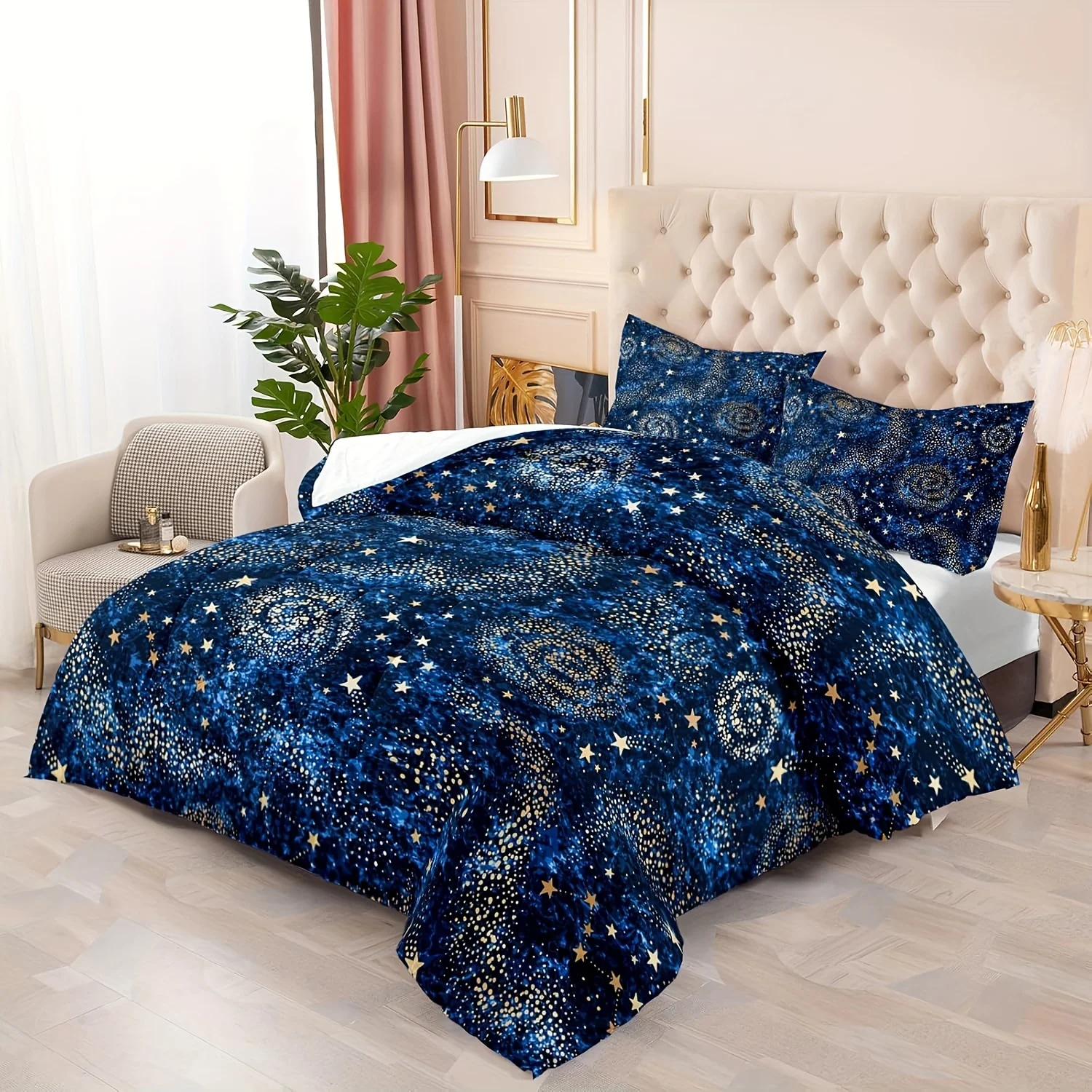 Starry Sky Comforter Set - Soft Blue Interstellar Printed Quilted Bedding with 1 Comforter and 2 Pillow Cases, Golden Stars Patt