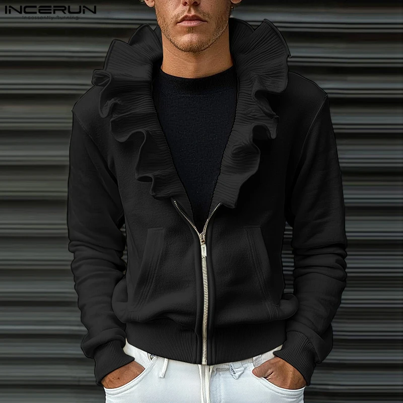 

INCERUN Men American Fashion Long Sleeve Jackets 2024 Casual Well Fiiting Solid Color Tops Ruffled Zipper Handsome Knitted Tops