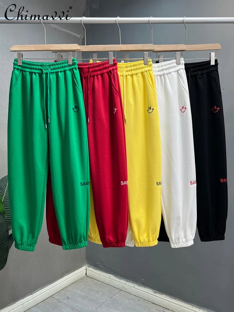 

Green Smile Face Embroidery Sweatpants Women 2024 Spring New Korean Fashion Color Ankle Banded Slacks Harem Sports Pants