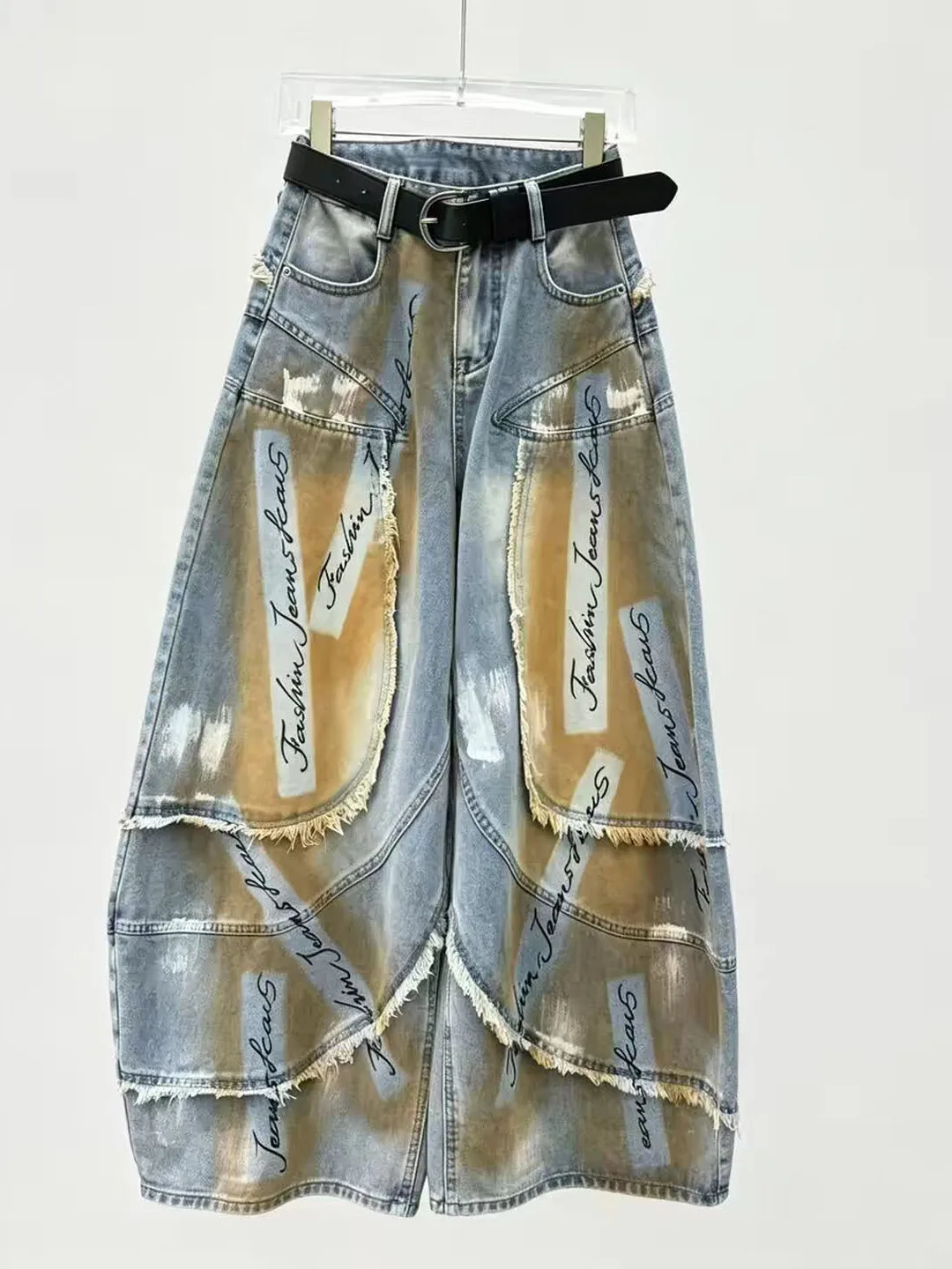 High Waist Wide Leg Hand-Painted Letter Casual Jeans Women's New Style Loose Fit Floor-Length Trousers Trendy Commute Style