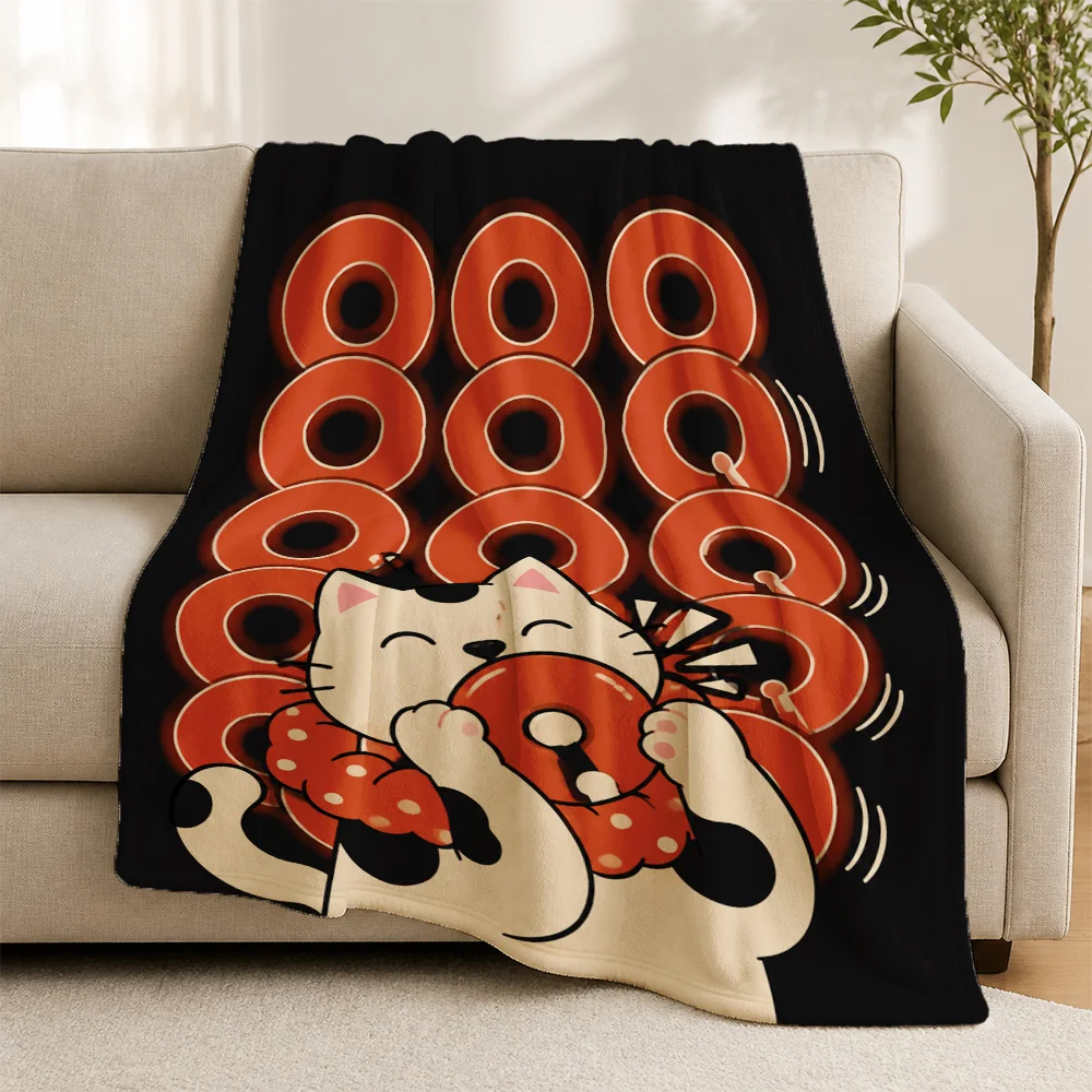 Kawaii Cat Donut Throw Blanket Fleece Sofa Couch Cover Warm Gift Cute Animal Print Novelty Throw Decor Winter Home Decor