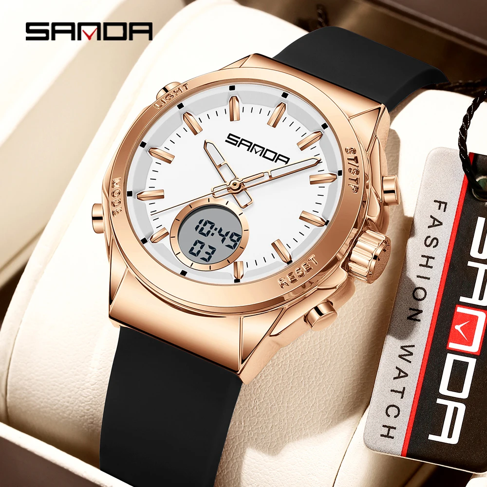 

2025 SANDA Новинка 9103 Женские электронные часы Водонепроницаемые светодиодные многофункциональные женские электронные часы с двойным дисплеем