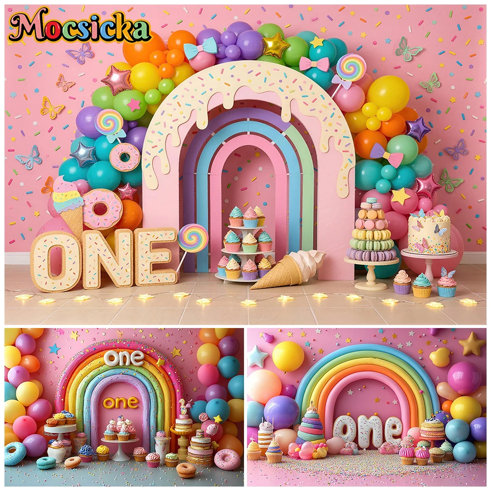Mocsicka One Birthday Party Photography Background Cake Crush Rainbow Wall Decors Portrait Backdrop Photo Studio Shooting Banner