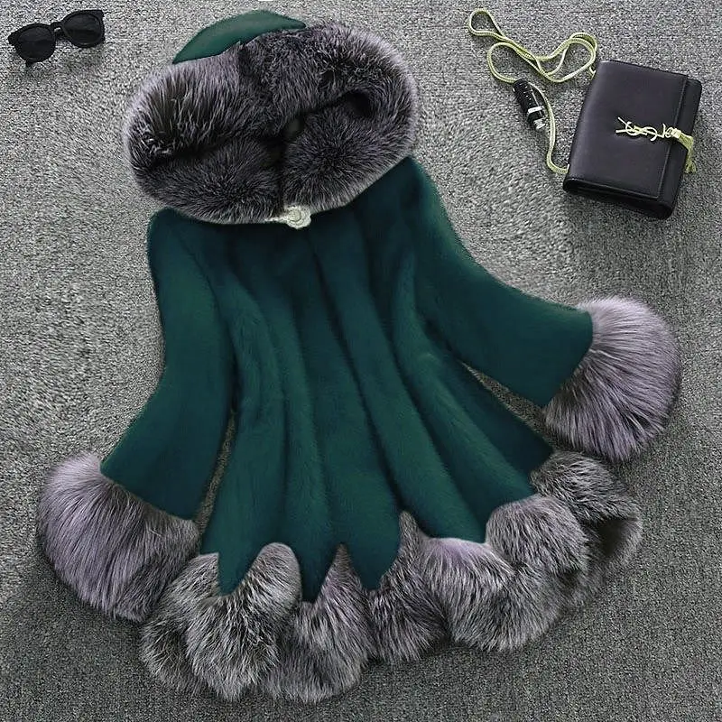 Mink Coat Fox Fur Collar Hooded Jacket Top Fur Female Christmas Clothes Faux Fur Coat Women Autumn and Winter Fur Coat Women