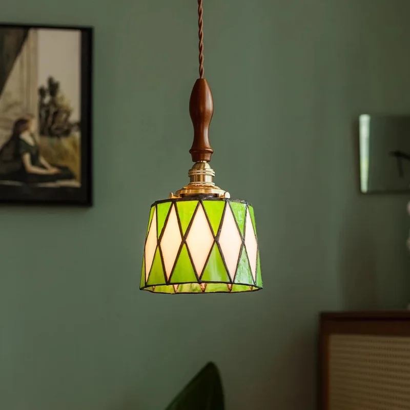 Moden Rotundity Green White Diamond Grid Glass Ceiling Pendant Lights Living Room Kitchen Bedroom Restaurant Wooden Hanging Lamp