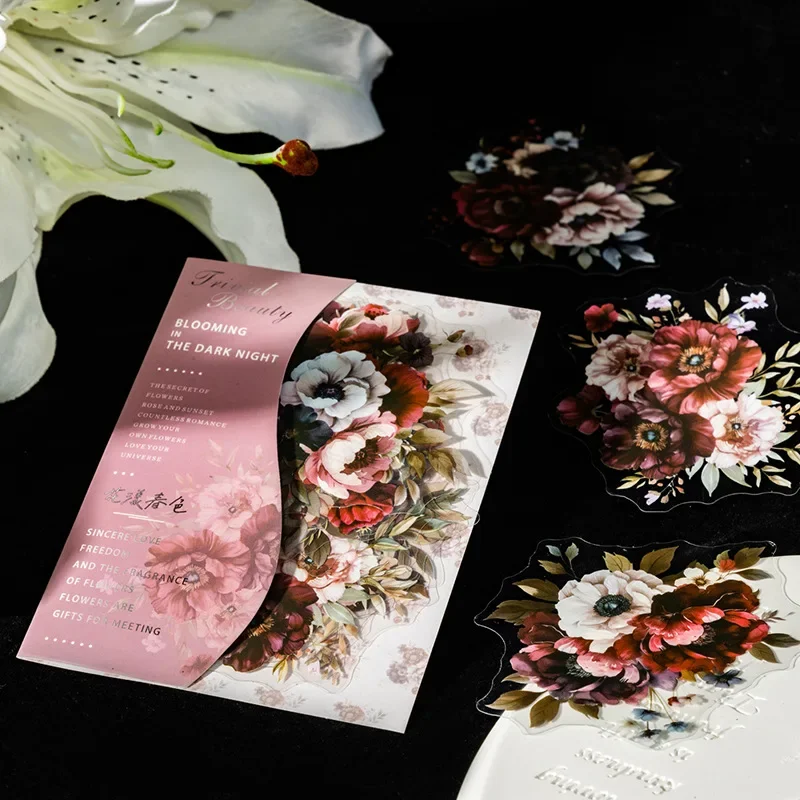 20 Stück Blumenaufkleber im dunklen Stil, Dark Night Bloom Collection Red Shadow Moon Supplies, Paketzubehör, Scrapbook-Schnitt, 151 x 101 mm