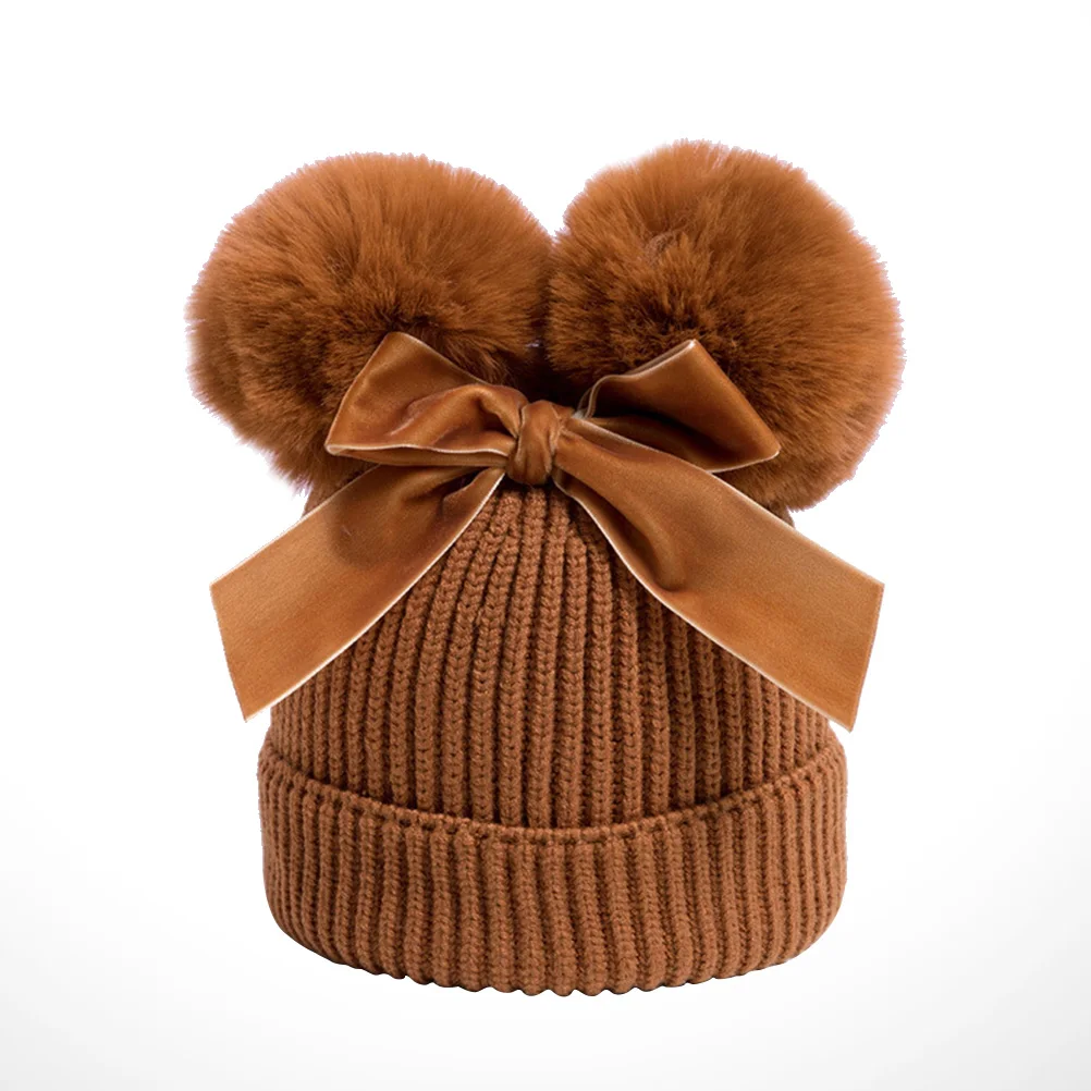 

Two Kids Bowknot Knit Hat Baby Girl Winter Crochet Cap Red Warm Photo Beanie Knit Hat Winter Warm