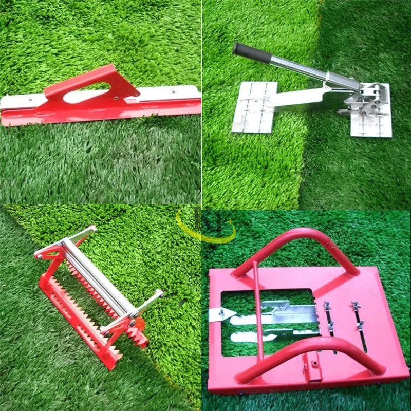 

Lawn mowing tools including turf tensioner, round cutter,