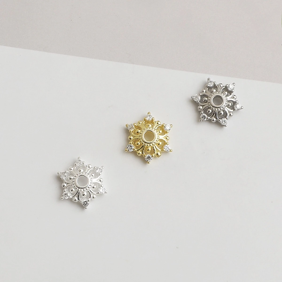 

3 pcs 925 Sterling Silver Gold Plated Flower Bead Caps Spacer Beads End Beads with Cubic Zircon