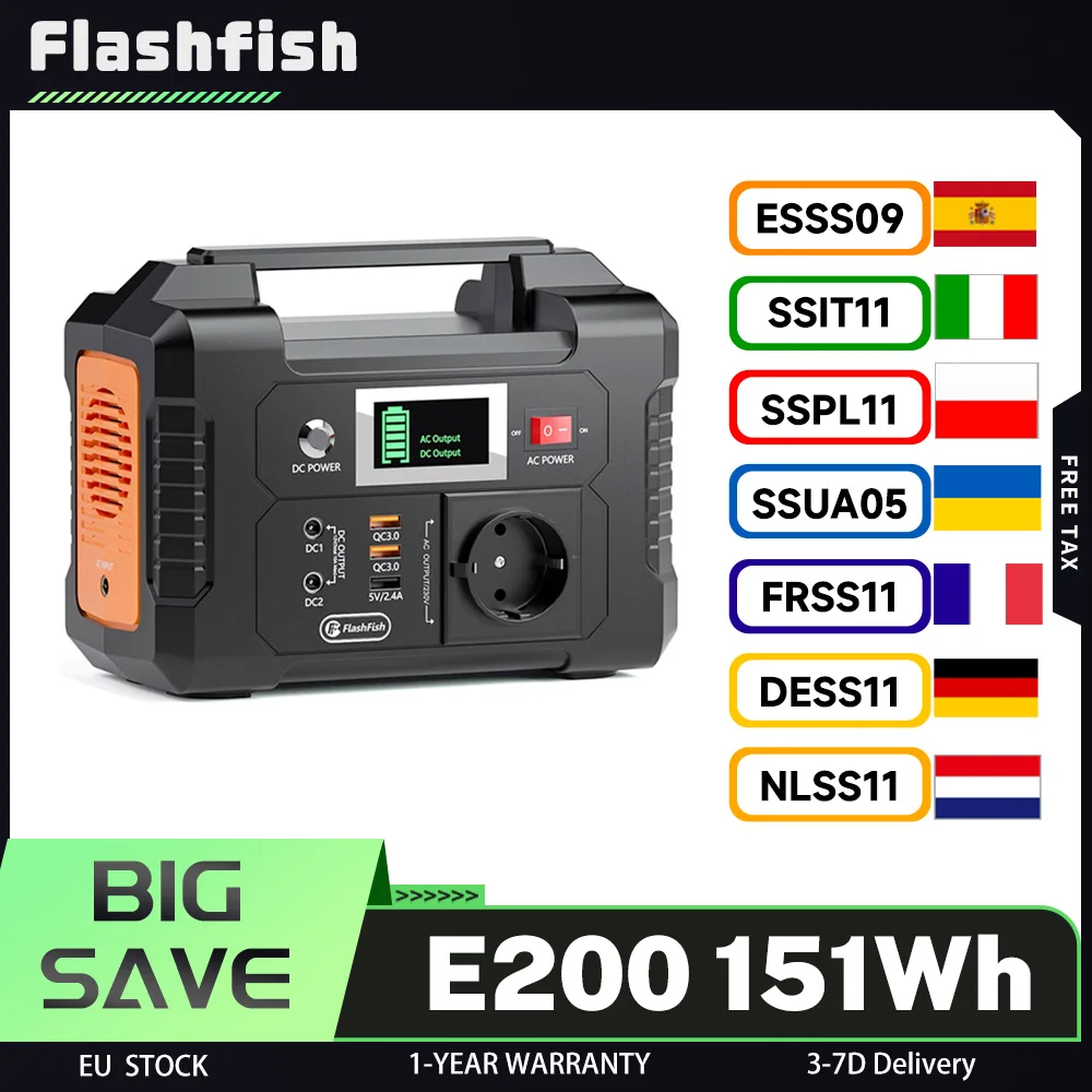 Station d'alimentation portable Flashfish E200, batterie LiFePO4 200W 151Wh, onde sinusoïdale modifiée, sorties AC/DC/USB, triple recharge