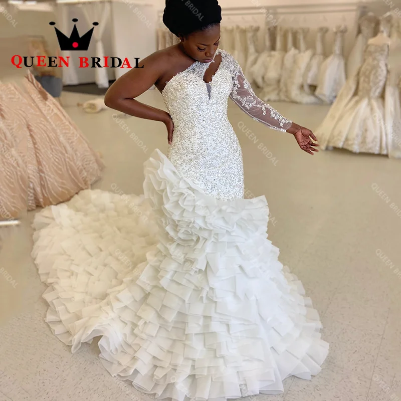 Exquisite Sequined Crystal Wedding Dresses One Shoulder Long Sleeve Ruffles Train Bridal Gowns Robe De Mariée Custom Y96W