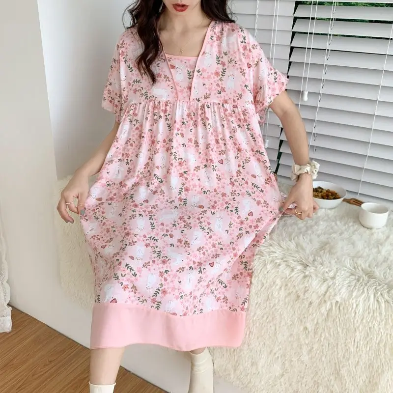 Summer Princess Style Women Pajamas Dress Female Floral Print Short Sleeves Long Nightgowns Sweet Cute Casual Look Home Clothing