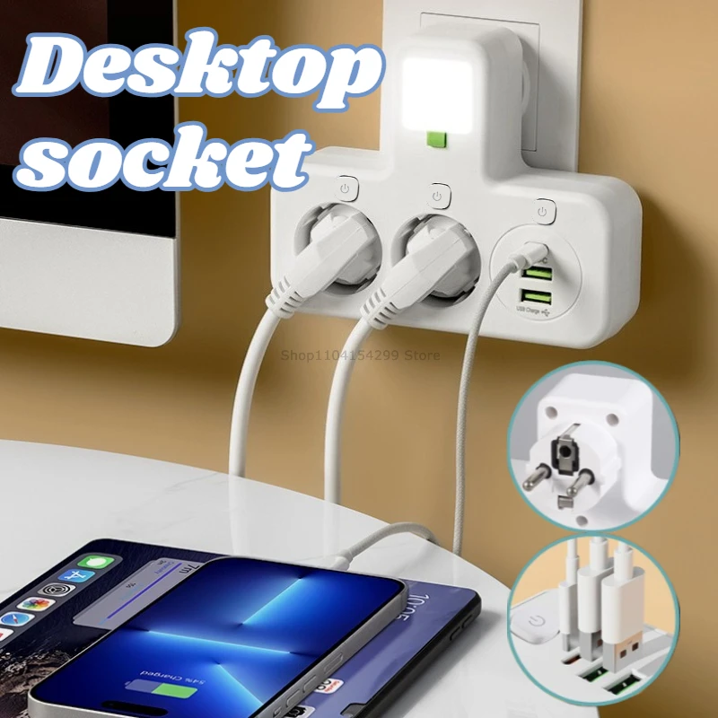EU Plug Desktop Power Strip Multi Plug Outlet with Independent Switch Control USB Type-C Bedside Lamp for Home Office Outlets