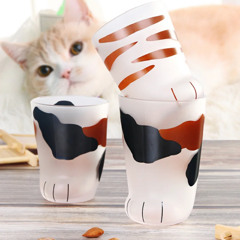 Frosted Glass Cup with Cat Feet, Funny Coffee Mugs, Cute Household Drinkware, Kawaii, 300ml, 10oz, 1 Piece