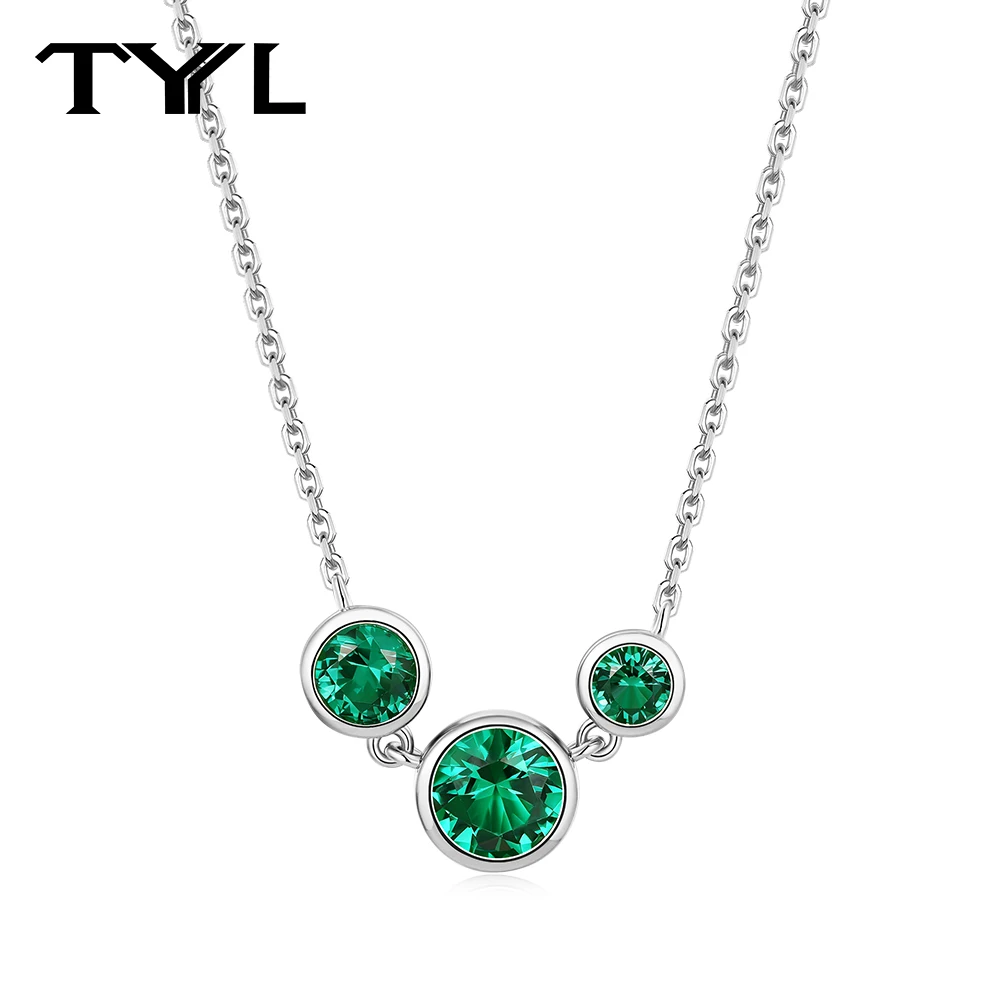 

TYYL Lab Grown Emerald Necklace for Women Three-Stone Pendant Dainty Necklaces 925 Sterling Silver Elegant Fine Jewelry Gift