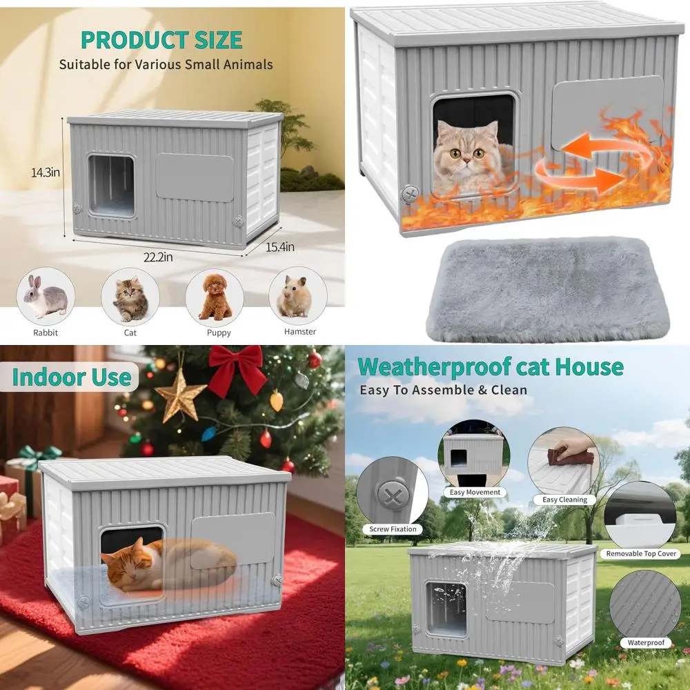 

Weatherproof Indoor/Outdoor Cat Shelter for Feral Cats, Easy Assembly & Cleaning, with Mat