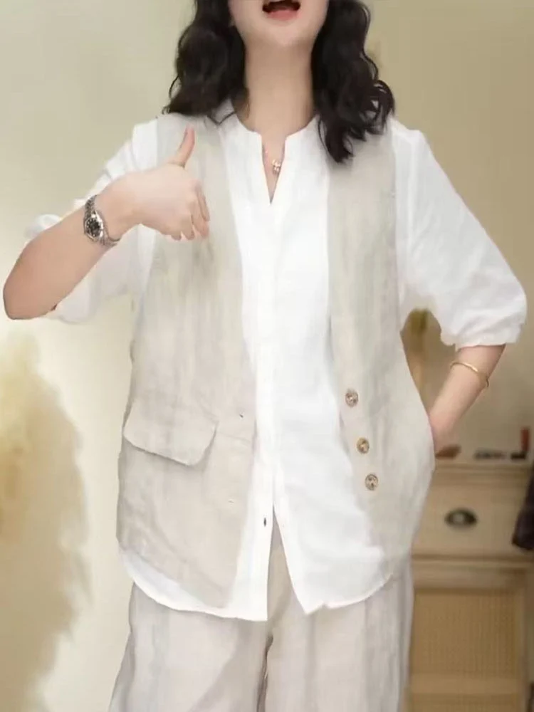 

Linen Svel Suit Vest Women Summer Thin Loose Layer Casual V-ne Cotton Linen oulder Pad Vest Top Button Detail