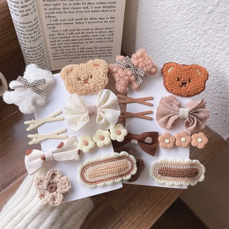 

9pcs Girls Hair Clip Cartoon Bear Flowers Bow Decor Hairpin Side Cute Plush Brown Accessories