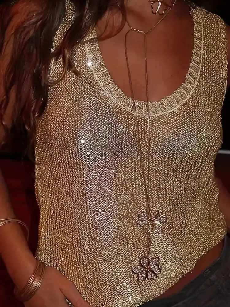 Women Sexy U Neck Sequin Party Shirt Spring Solid See Through Hollow Top Pullover Summer Sleeveless Loose Tank T Shirt