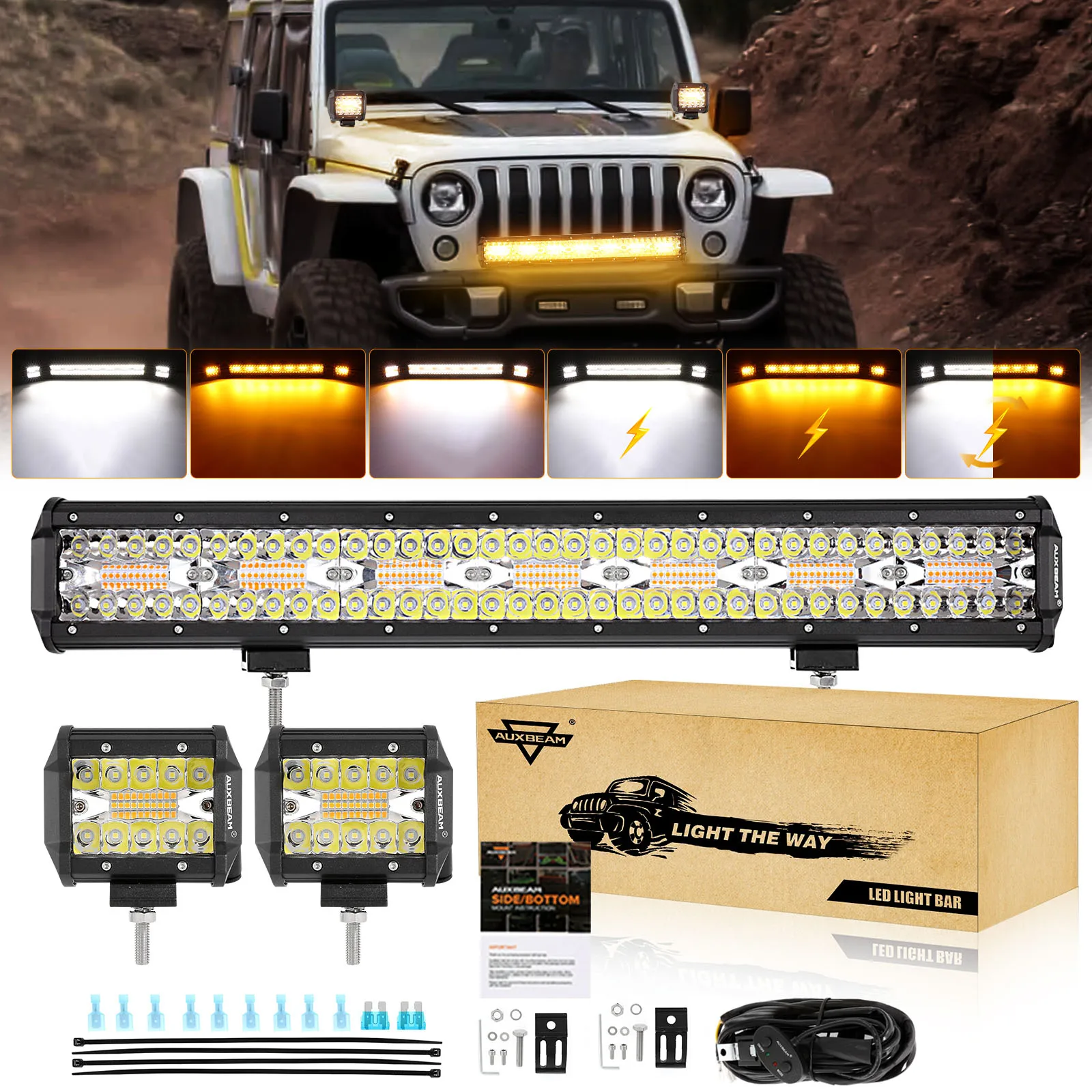 AUXBEAM 20 inch LED Light Bar & 1Pair 4 inch LED Light Pod 6 Modes Amber White Light Memory Function DRL Fog Driving Lamp