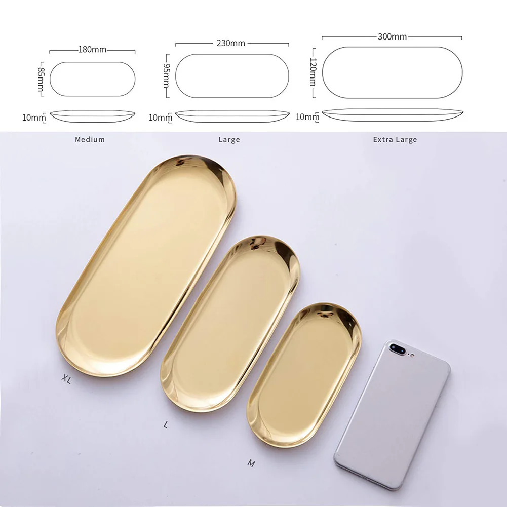 1pc Stainless Steel Oval Tray Kitchen Plate Dish Storage Tray Tea Fruit Cake Bread Tray Cosmetics Jewelry Plate Gold