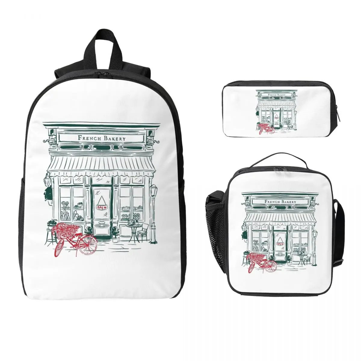 

French Bakery Backpack Boys Girls BookBag School Bag Computer Shoulder Bags 3ps Insulated Lunch Bag Pencil Case