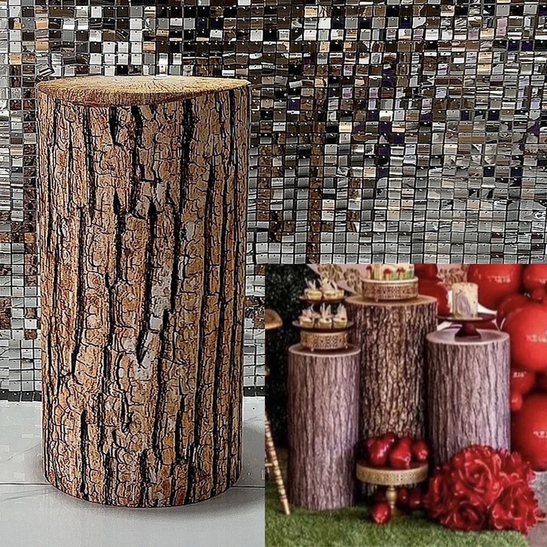 Wood Grainy Texture Cylinder Covers Diamond Stretchy Pedestal Cover Birthday Baby Shower Desserts Tablecloth Props NO-240