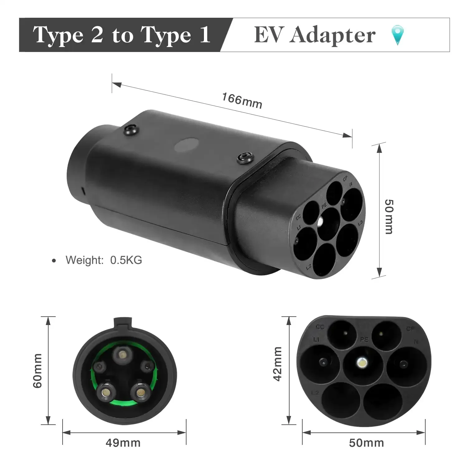 LONLINK adaptador de cargador EV, convertidor de tipo 1 a tipo 2 para vehículos eléctricos, 32A, 7,2 kW, SAE J1772