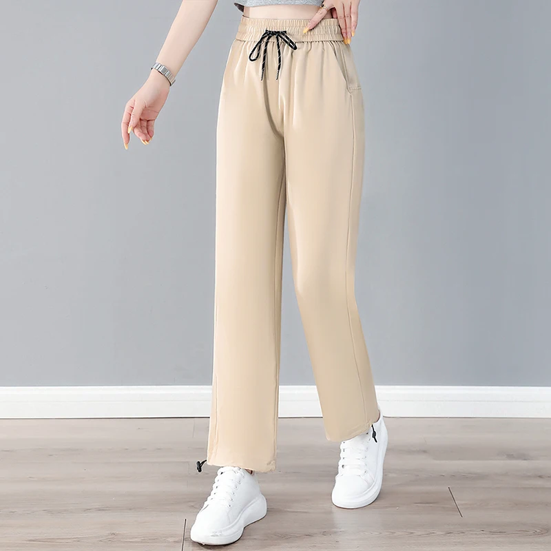 ใหม่สตรีฤดูร้อนผ้าไหมน้ําแข็งบางกางเกงเอวสูงแฟชั่นอเนกประสงค์แห้งเร็วหลวมสบายๆกีฬา 9 จุดกางเกง