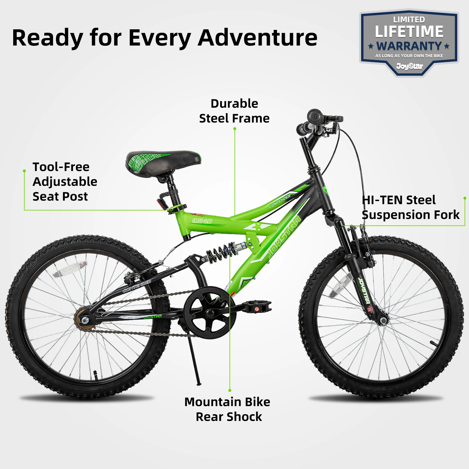 JOYSTAR 20 Inch Kid Bike for Boys Girls Age 7-13 Year, Dual-Suspension Kids Mountain Bike with Dual Handbrake & Kickstand, Green