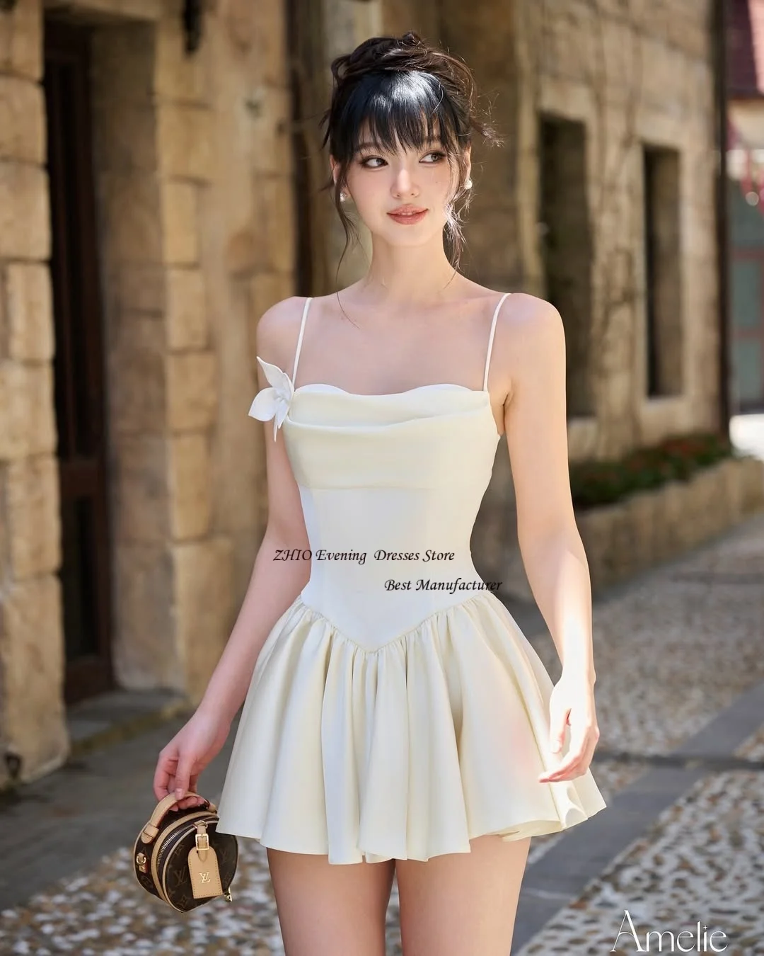 ZHIO Mini raso 3D fiore una linea abito da sera abito senza spalline innamorato backless corto abito da cocktail Porm personalizzato