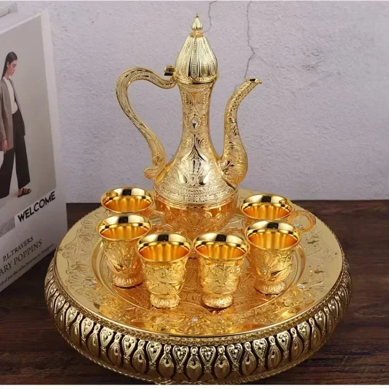 cross-border Decoration Home  Cast Iron Coffee Tea Set Inter Crystal Stone with Teapot Tray and  6 Cups