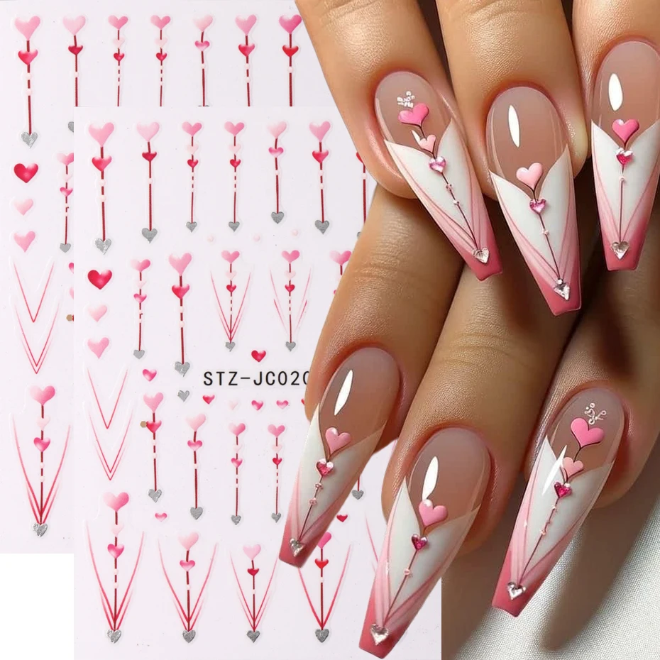 Ensemble d'autocollants pour ongles en forme de cœur, décalcomanies pour ongles en forme de cœur, ligne rouge et rose, modèles d'ongles auto-adhésifs romantiques pour femmes et s, accessoires pour ongles