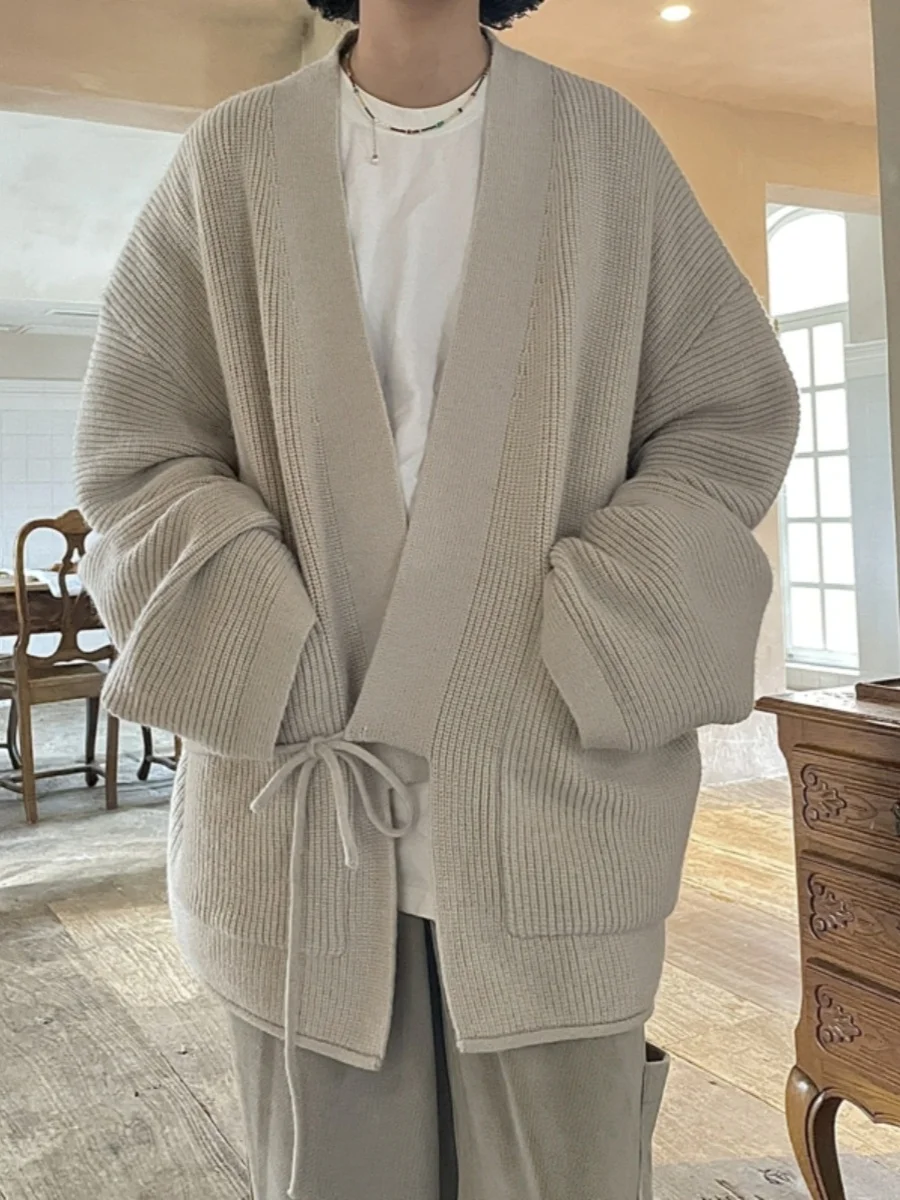 

Loose Knitted Cardigan Men's Autumn Winter New Sle Japanese Retro Lazy Faion High-End Feeling Outerwear V-ne Long Sve