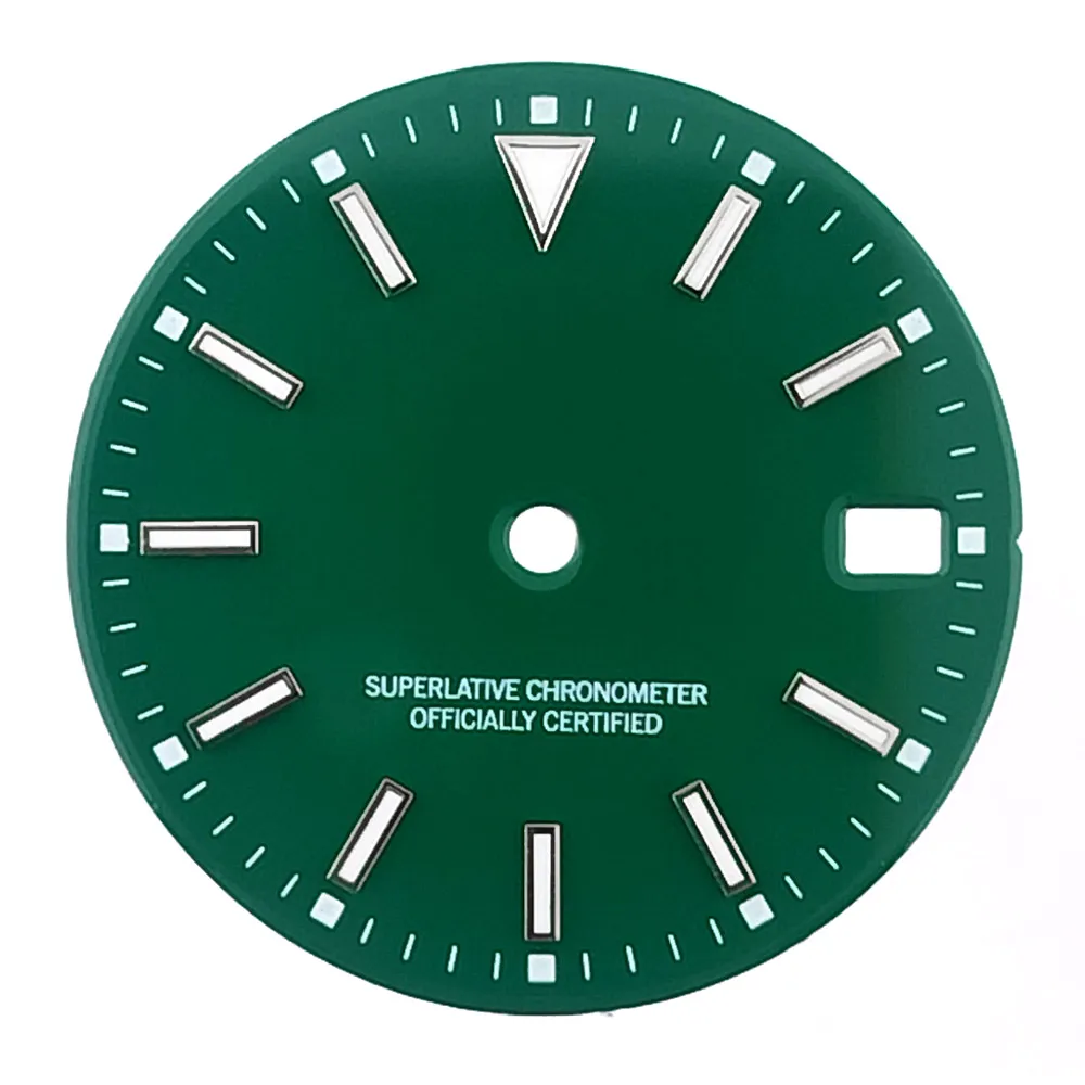 28,5-mm-Zifferblatt, passend für das NH35-Uhrwerk, mit BGW9-Blau-Nachtlicht, in den Farben Schwarz, Rot, Grün, Lila und Gelb, Uhrenzifferblätter, Uhrenteile, Zubehör. – Detail 5