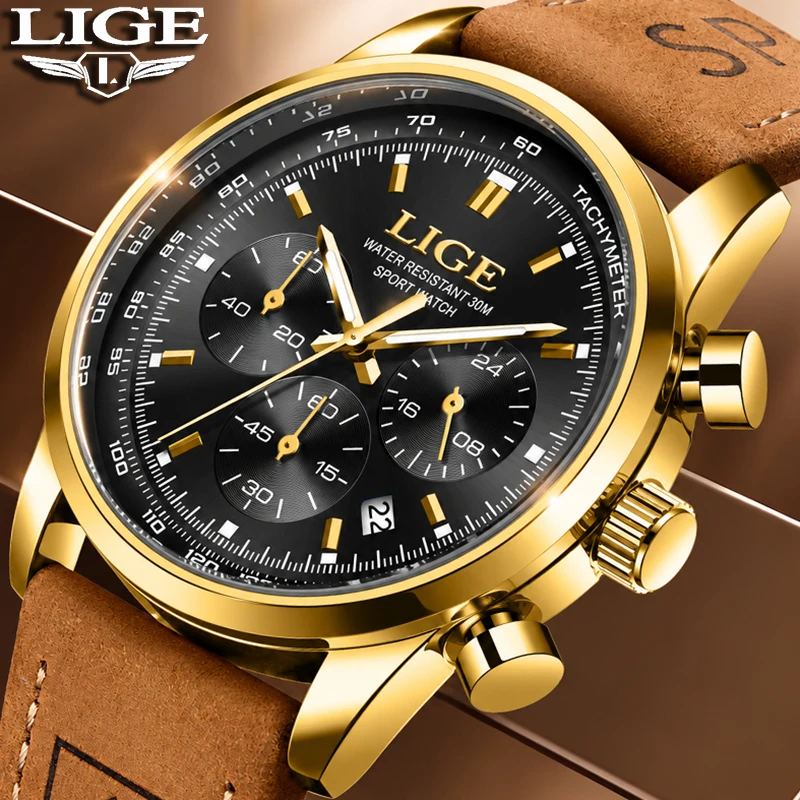 LIGE New Business Watch Men Top Brand Luxury Military Leather Quartz Wrist Watches For Men Waterproof Sport Date Chronograph